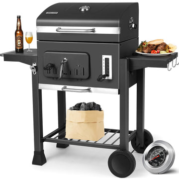 Barbecue charbon de bois XXL avec couvercle, fumoir, chariot à roulettes, grille réglable et thermomètre intégré – Noir