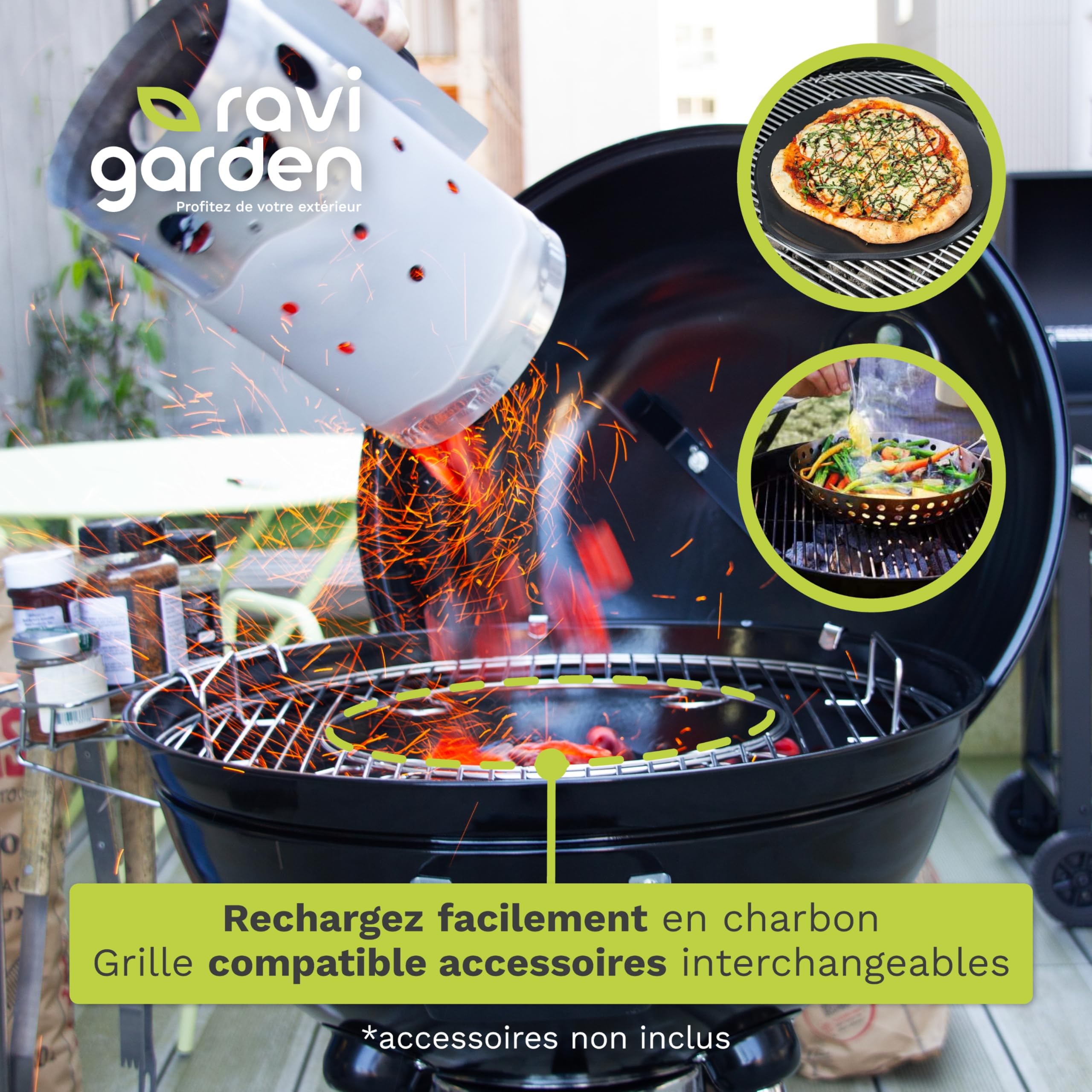 Barbecue à Charbon de Bois 57 cm avec Couvercle – BBQ Boule sur Pieds pour 8 à 12 Personnes – Grille Amovible et Bac à Cendres