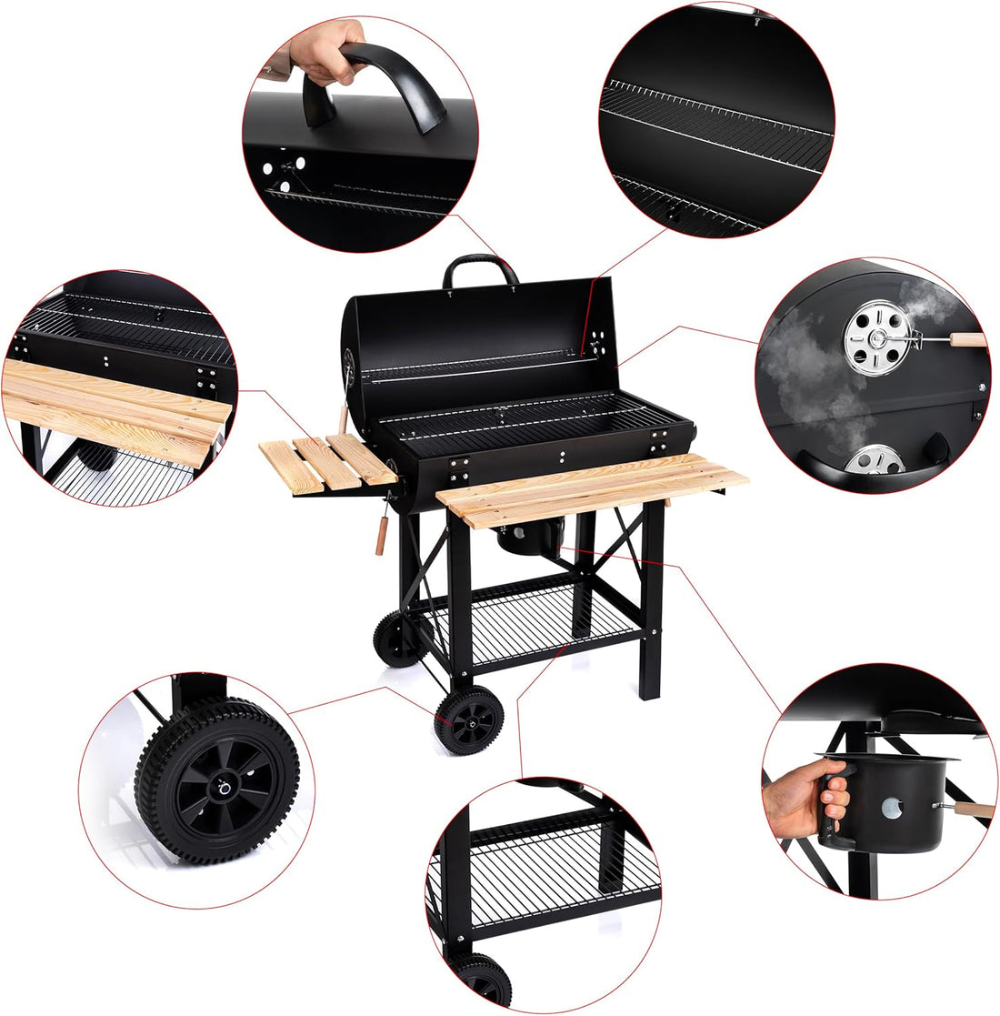 Barbecue à Charbon de Bois avec Couvercle – Grille XL, Étagères en Bois, Roulettes et Poignée – BBQ Jardin, Terrasse, Camping