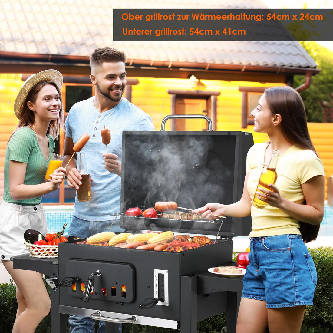 Barbecue charbon de bois XXL avec couvercle, fumoir, chariot à roulettes, grille réglable et thermomètre intégré – Noir