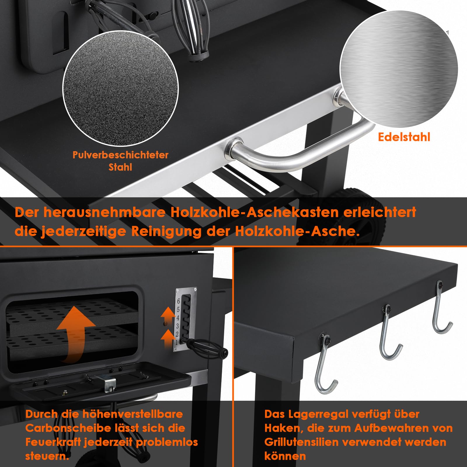 Barbecue charbon de bois XXL avec couvercle, fumoir, chariot à roulettes, grille réglable et thermomètre intégré – Noir